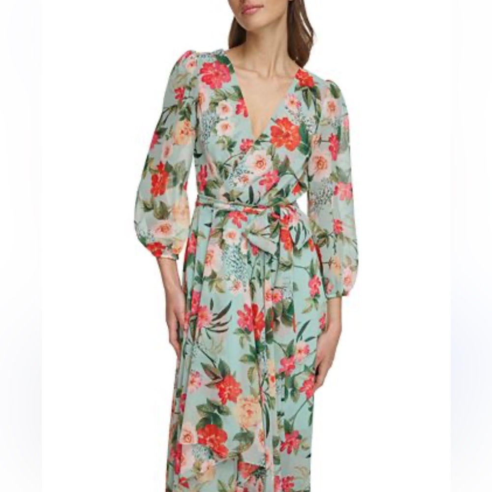 Eliza J Floral Dress with Red and Green Accents
